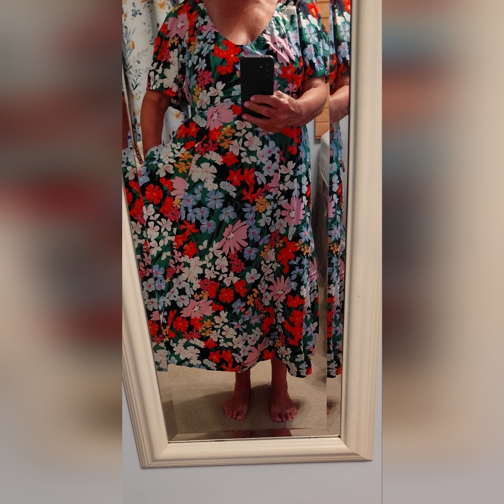 Old Navy Floral Midi Dress - Red, Pink, Green, White, Navy Blue Background